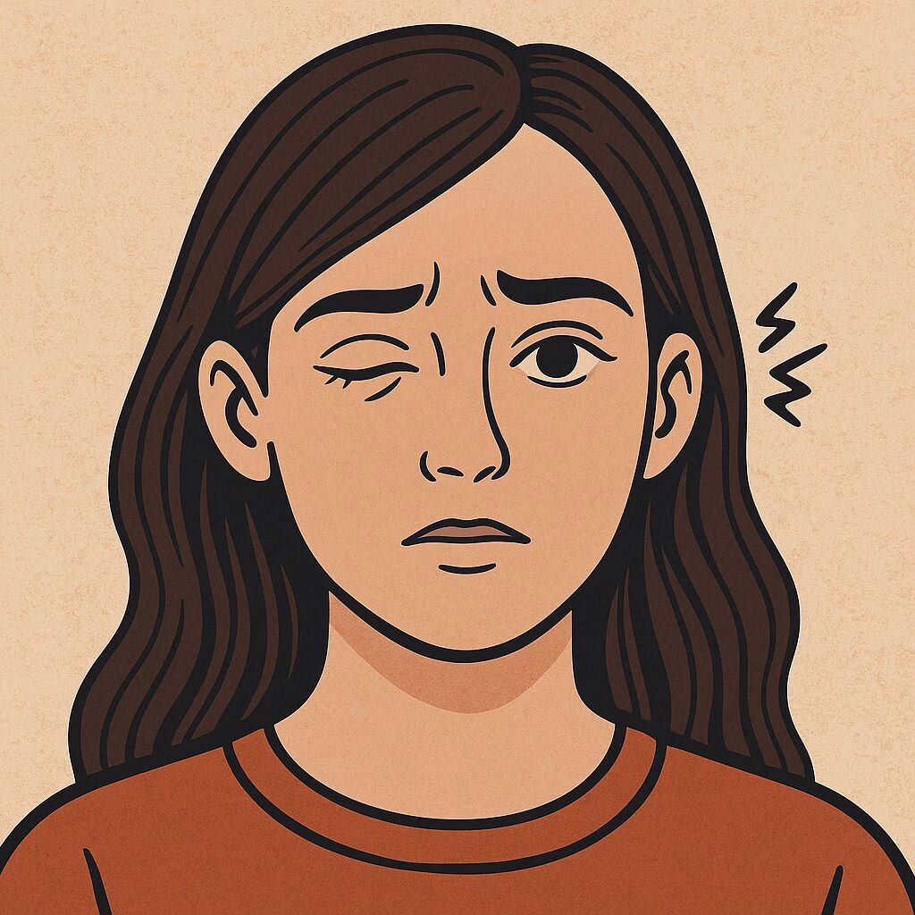 Illustration of a young woman experiencing a left eye twitch with a neutral facial expression.