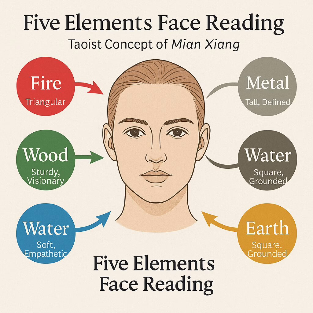 Illustration of Five Elements face reading with a central face and labeled traits for Fire, Metal, Wood, Water, and Earth.