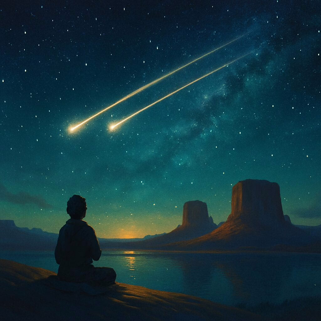 watching two bright shooting stars with golden trails.