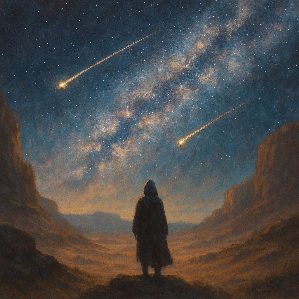 Cloaked figure by a quiet desert lake beneath the Milky Way, watching two bright shooting stars with golden trails.