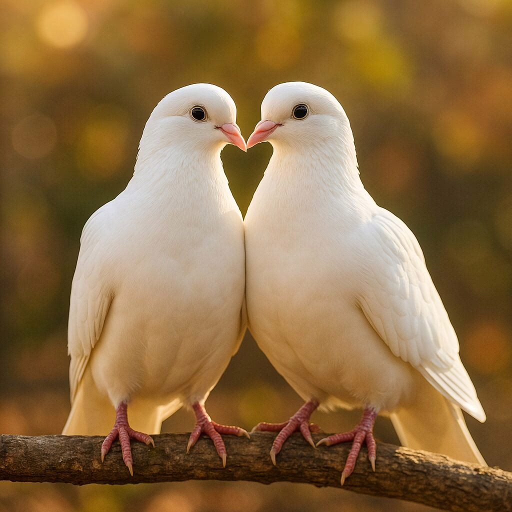 Two white doves sitting closely on a tree branch in warm autumn light.