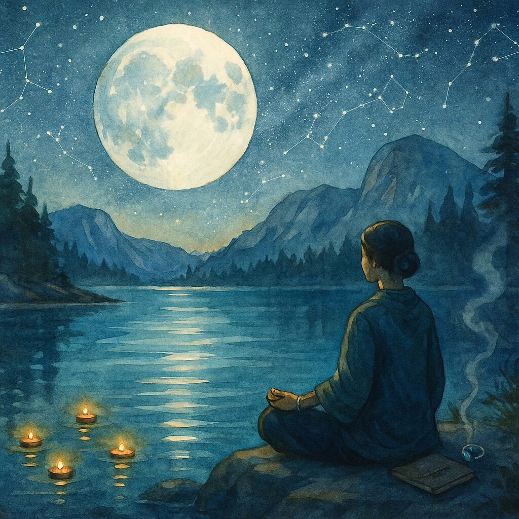 Person meditating beside a mountain lake under a bright full moon, with floating candles and subtle zodiac constellations in the sky.