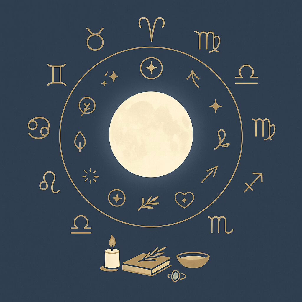 Clean vector of a glowing full moon centered in a gold zodiac wheel with small spiritual icons and a simple altar below.