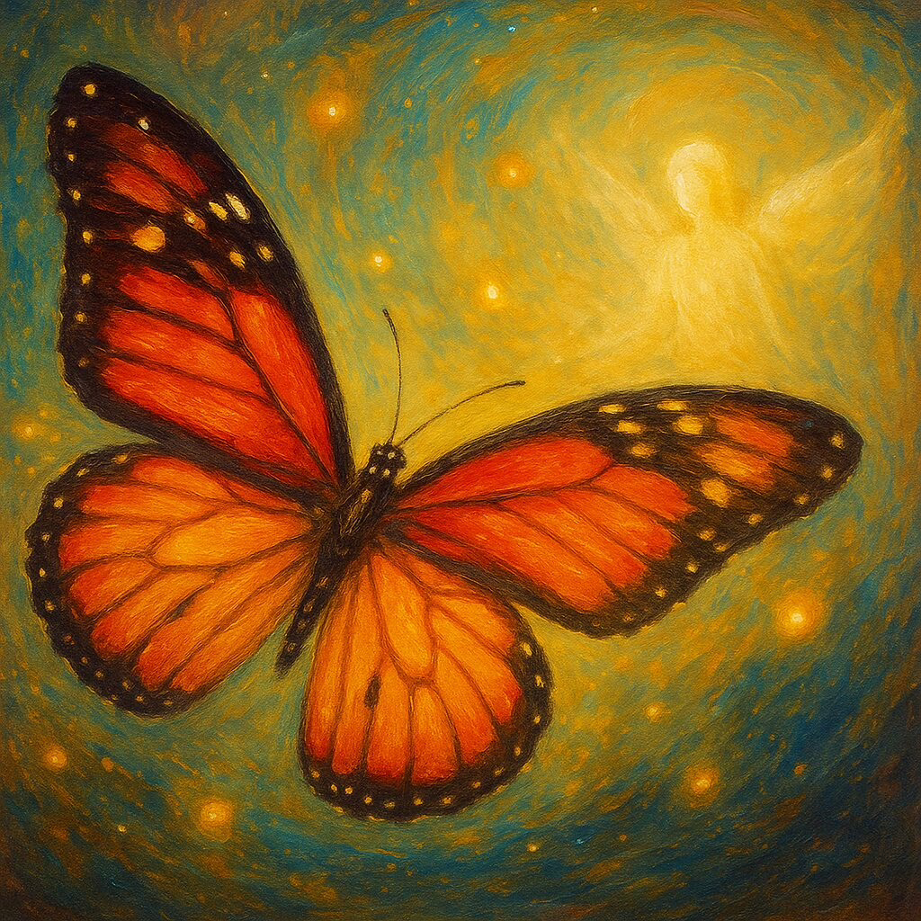 A glowing monarch butterfly with red and orange wings flying toward a luminous angelic figure in a golden light.