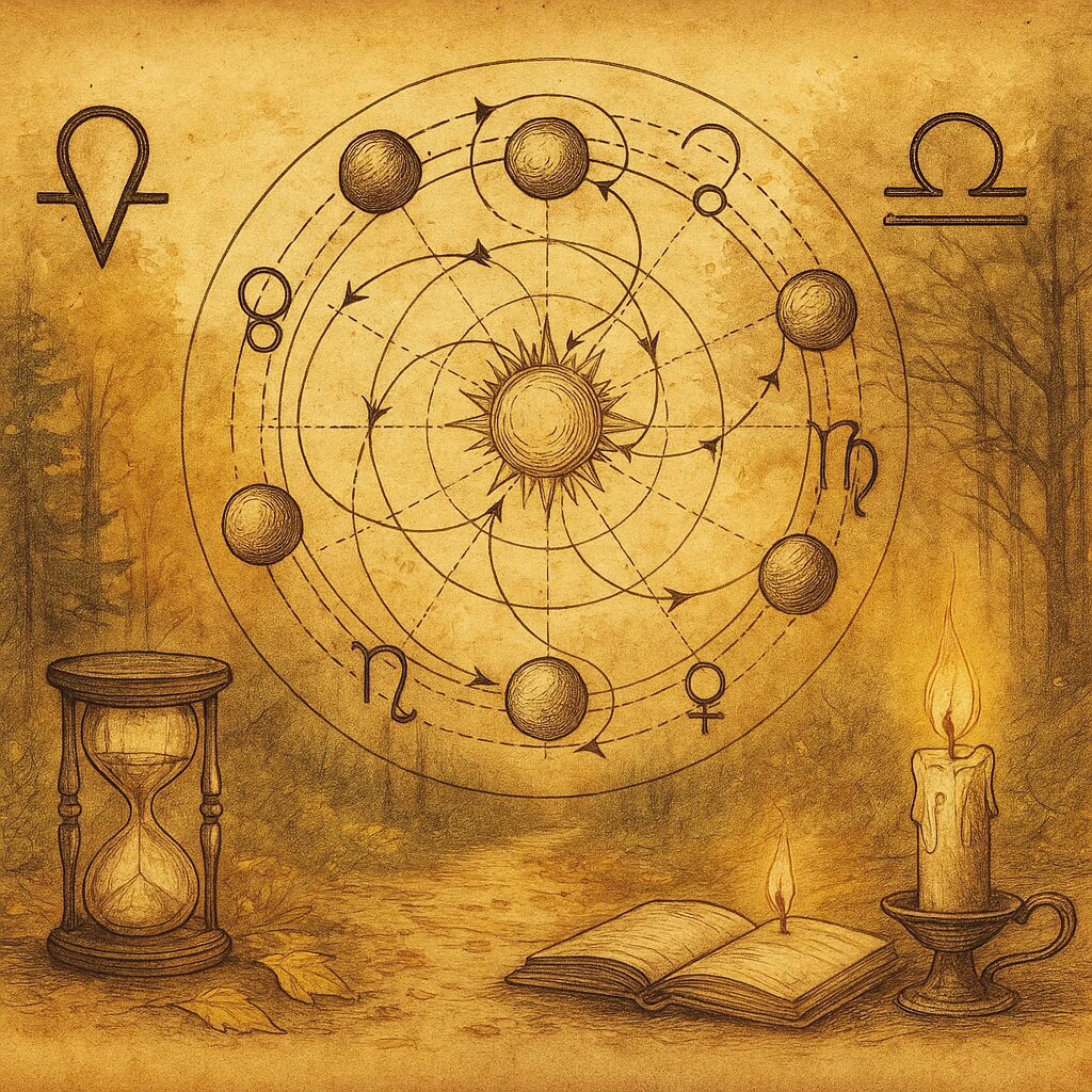 Arcanology chart of retrograde orbits over an autumn forest, with Virgo and Libra symbols, an hourglass, and a candle.