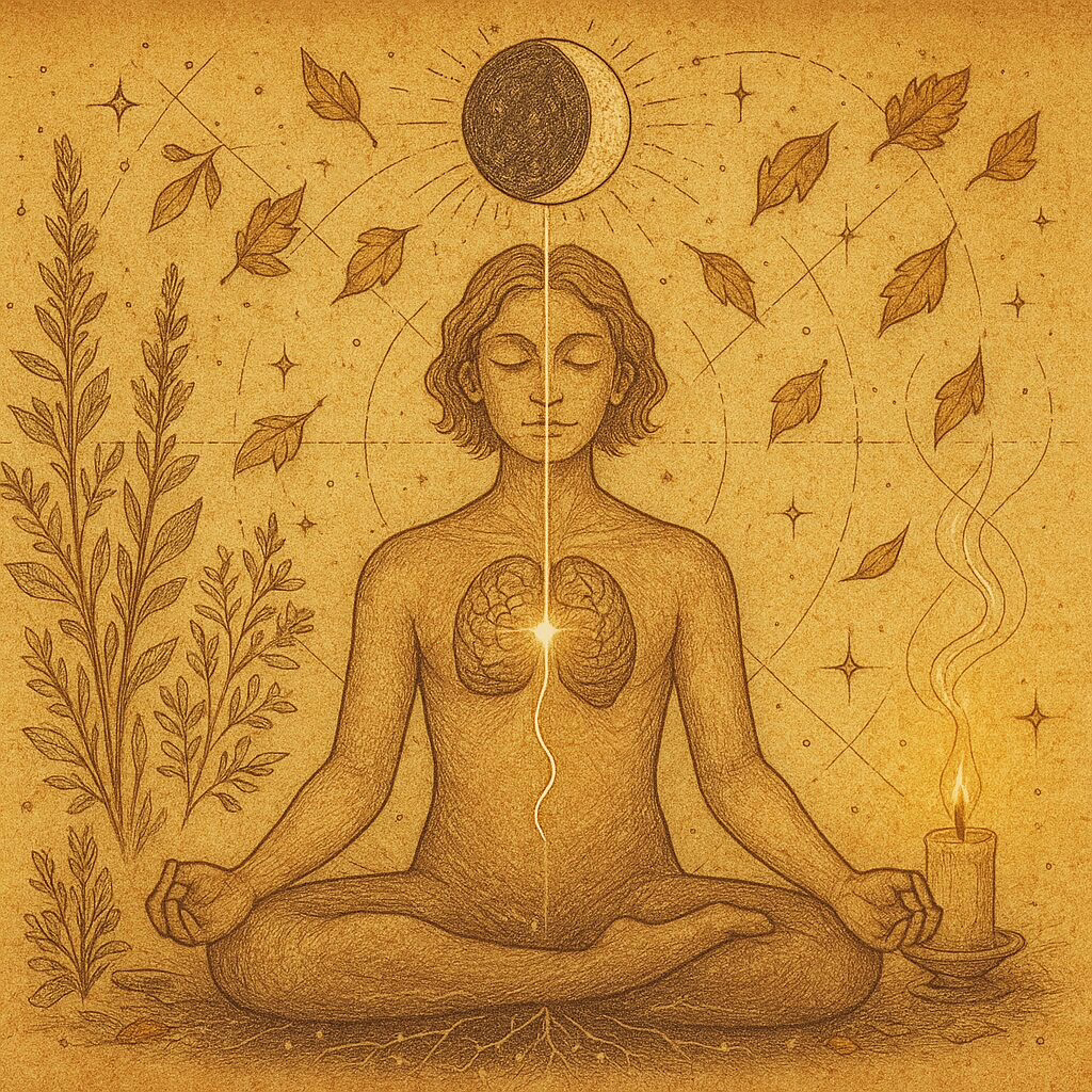 Meditative figure with a glowing thread between brain and heart beneath a Last Quarter Moon, herbs and steam nearby.
