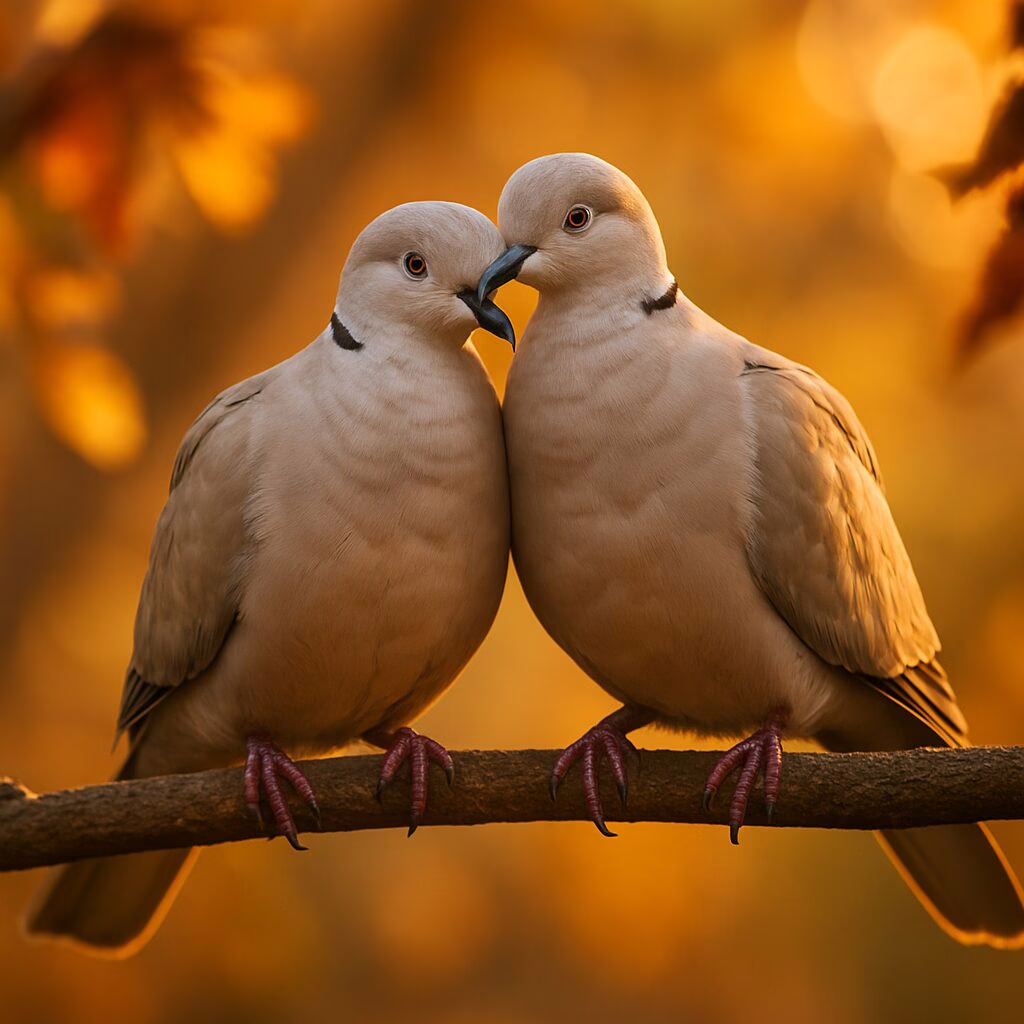 Two grey Eurasian collared doves perched on a branch during golden hour.