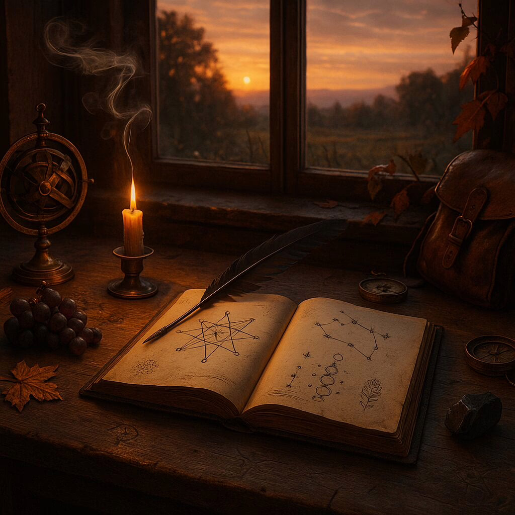 Arcanologist’s desk at sunset with an open grimoire showing star diagrams and lunar phases, candle smoke forming the number seven, ivy-framed window, compass, grapes, and a leather satchel.