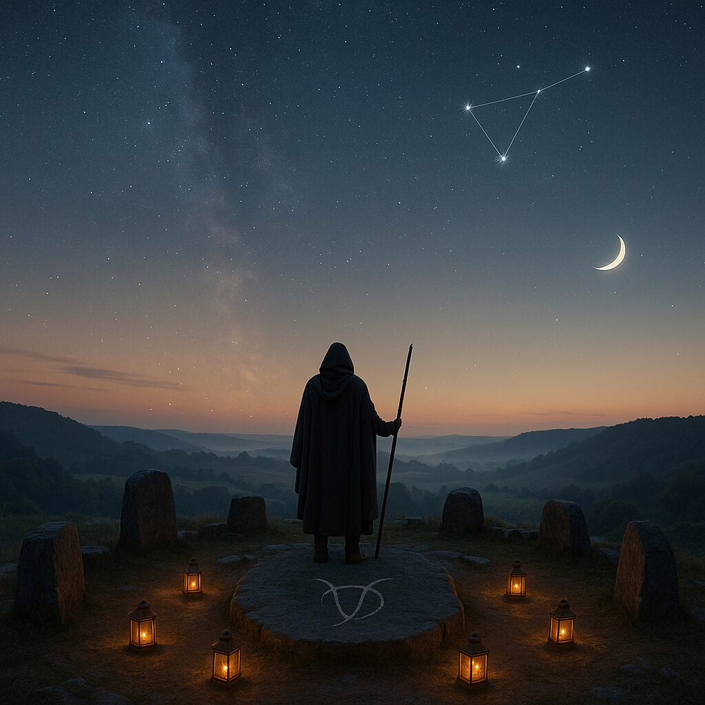 Cloaked figure in an ancient stone circle at twilight, seven lanterns around a slab chalked with the Virgo symbol, crescent moon and Virgo constellation above a misty valley.