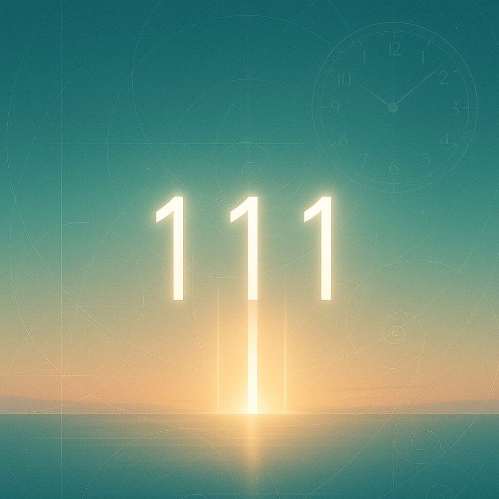 Glowing “111” floats over a sunrise horizon as beams form a subtle “1111” doorway, with a faint clock showing 1:11.