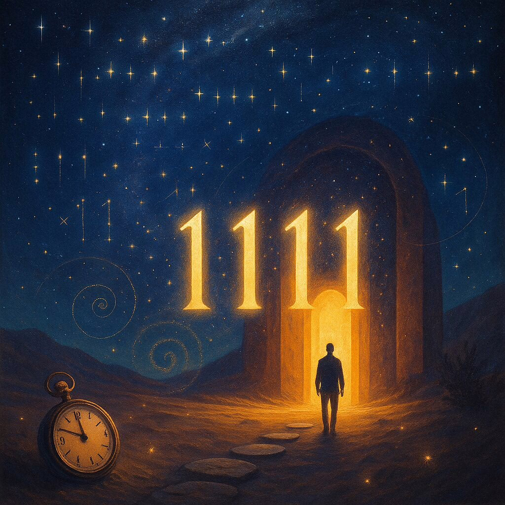 A traveler faces a glowing 1111 doorway under a starry sky, with constellations forming 111 and a pocket watch set to 1:11.