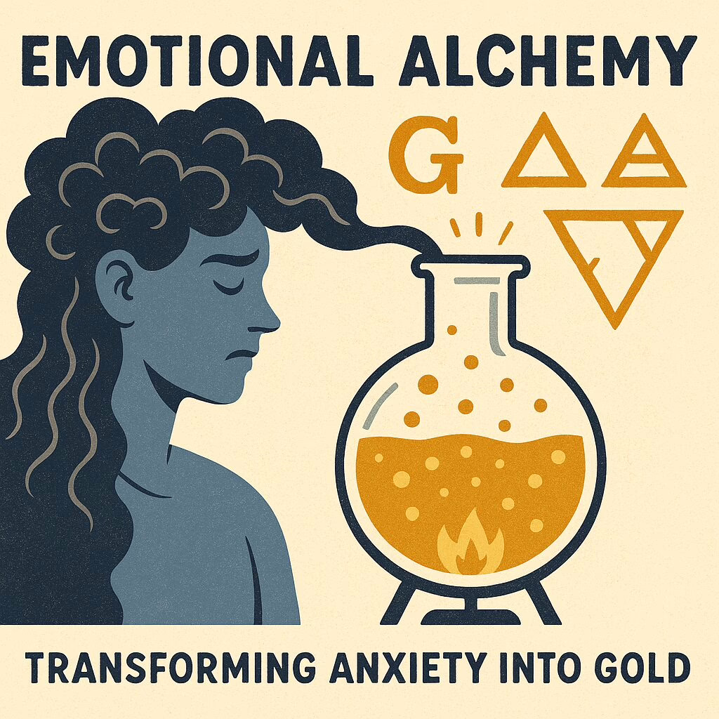 A woman’s anxiety transforms into gold inside an alchemical flask.