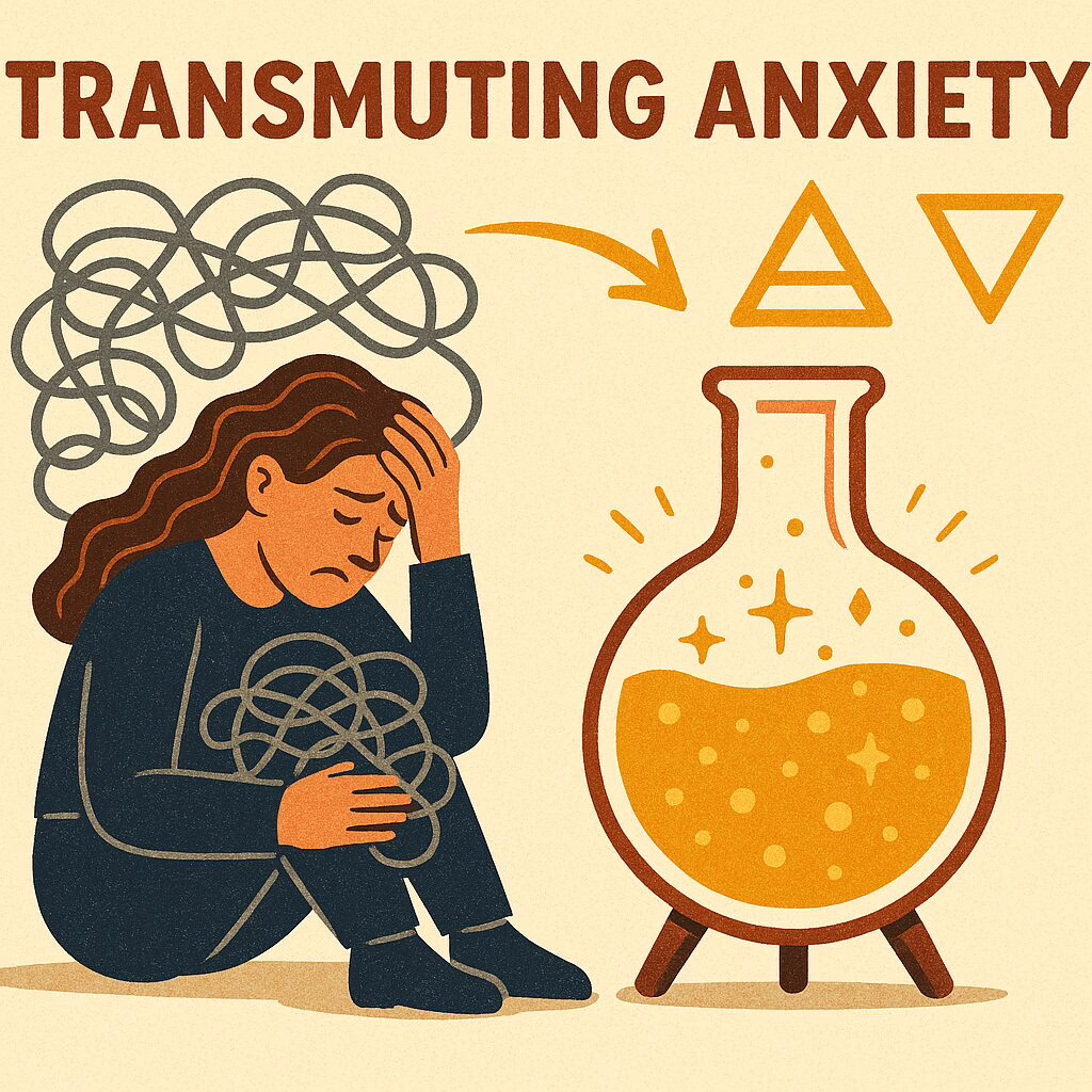 A distressed woman transforms her tangled thoughts into golden clarity in an alchemical flask.