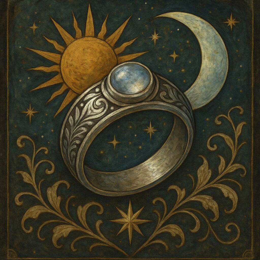 A silver ring with a glowing moonstone, surrounded by a sun, crescent moon, and celestial symbols.
