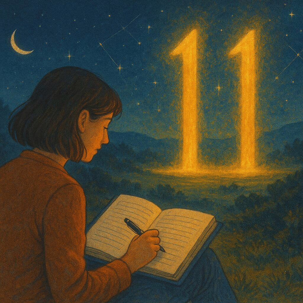 Open journal and candle before two glowing “11” pillars under a starry November sky.
