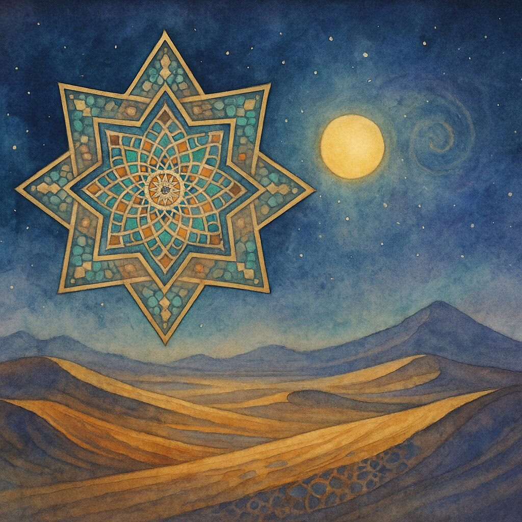 Watercolor octagram glowing over desert dunes under a solstice night sky.