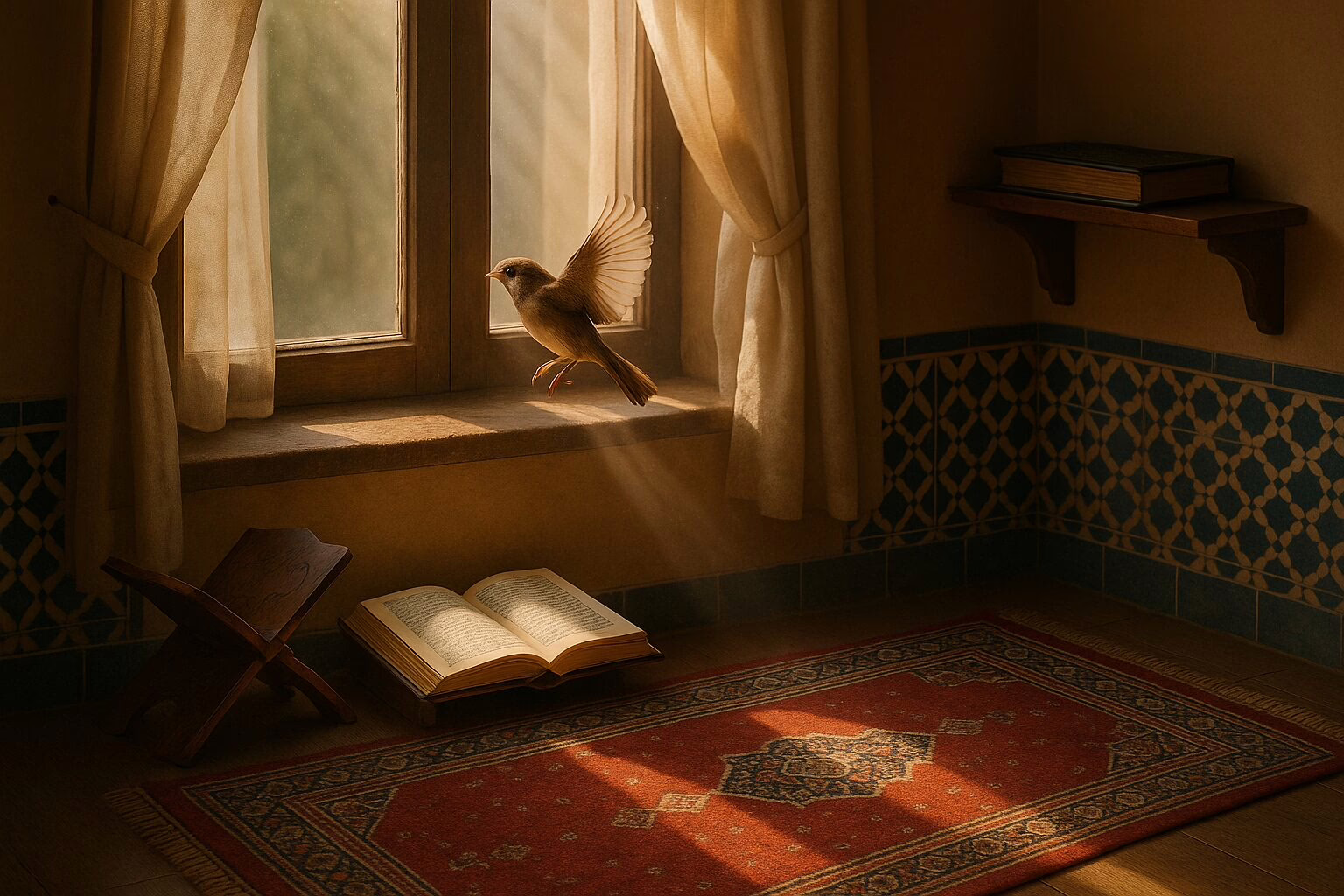 Sparrow gliding through an open window into a sunlit room with an open Qur’an and a prayer rug.