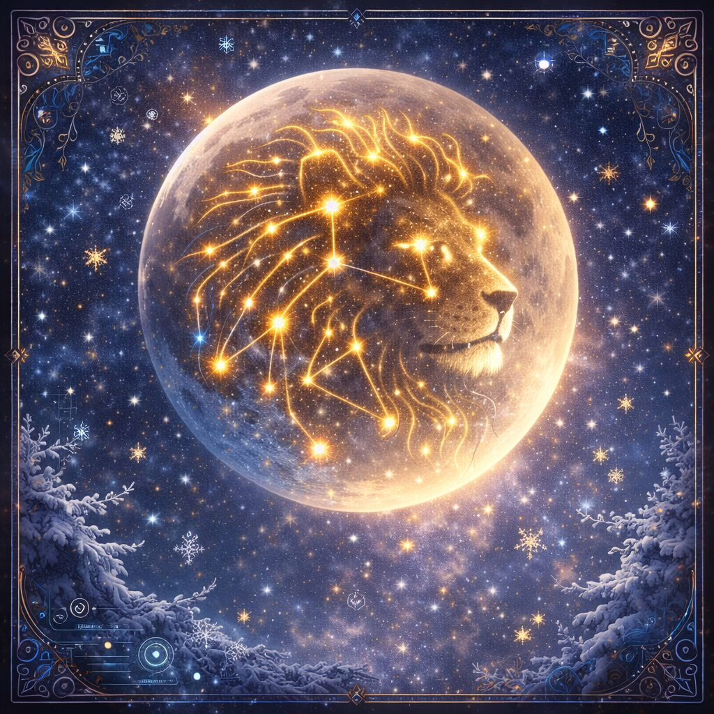A luminous full moon fills the frame, overlaid with a golden lion constellation and surrounded by snowflakes and ornate celestial border designs.