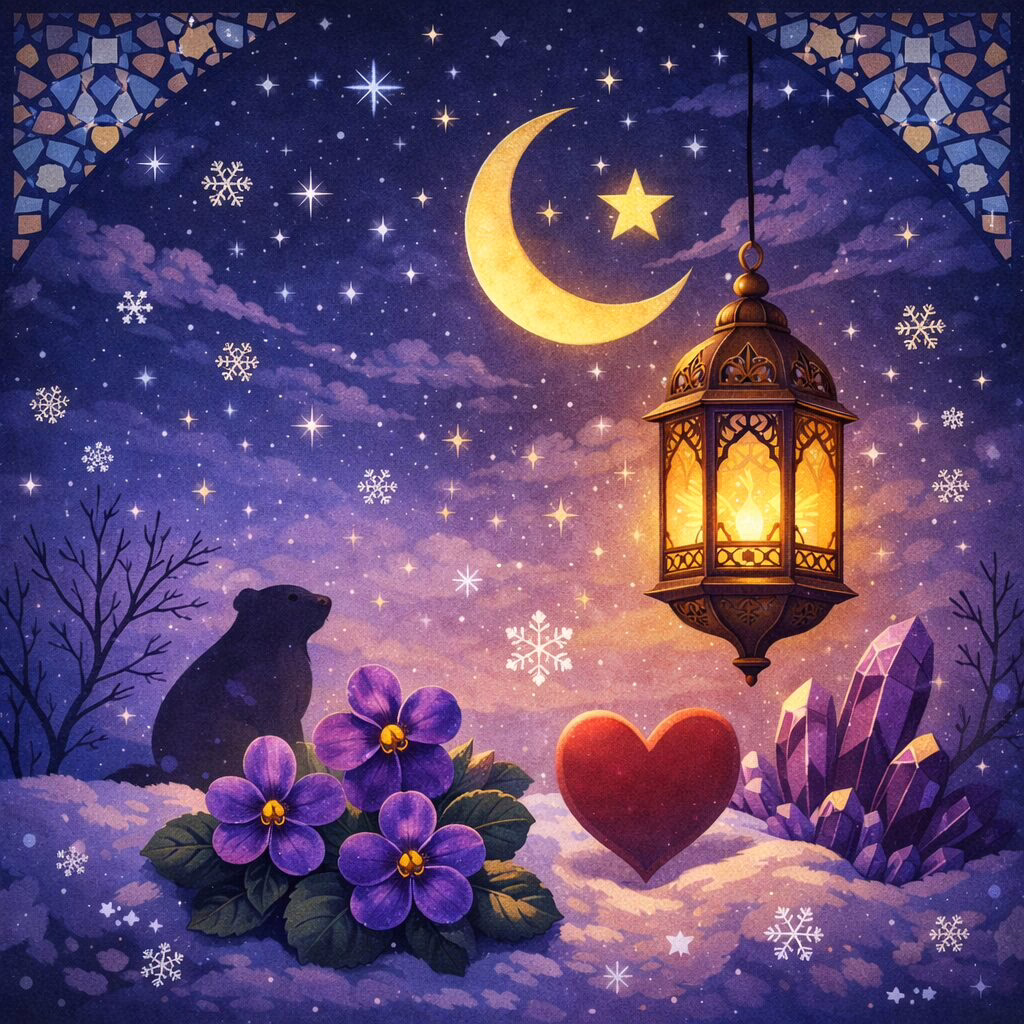 A square winter night scene with a warm, ornate lantern beneath a crescent moon and star, surrounded by snowflakes, purple violets, an amethyst crystal cluster, a small groundhog silhouette, and a red heart on snowy ground.