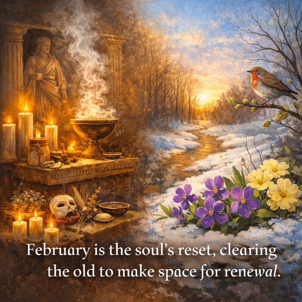 A symbolic scene showing candlelight purification blending into blooming flowers emerging from snow under a golden February sunrise.