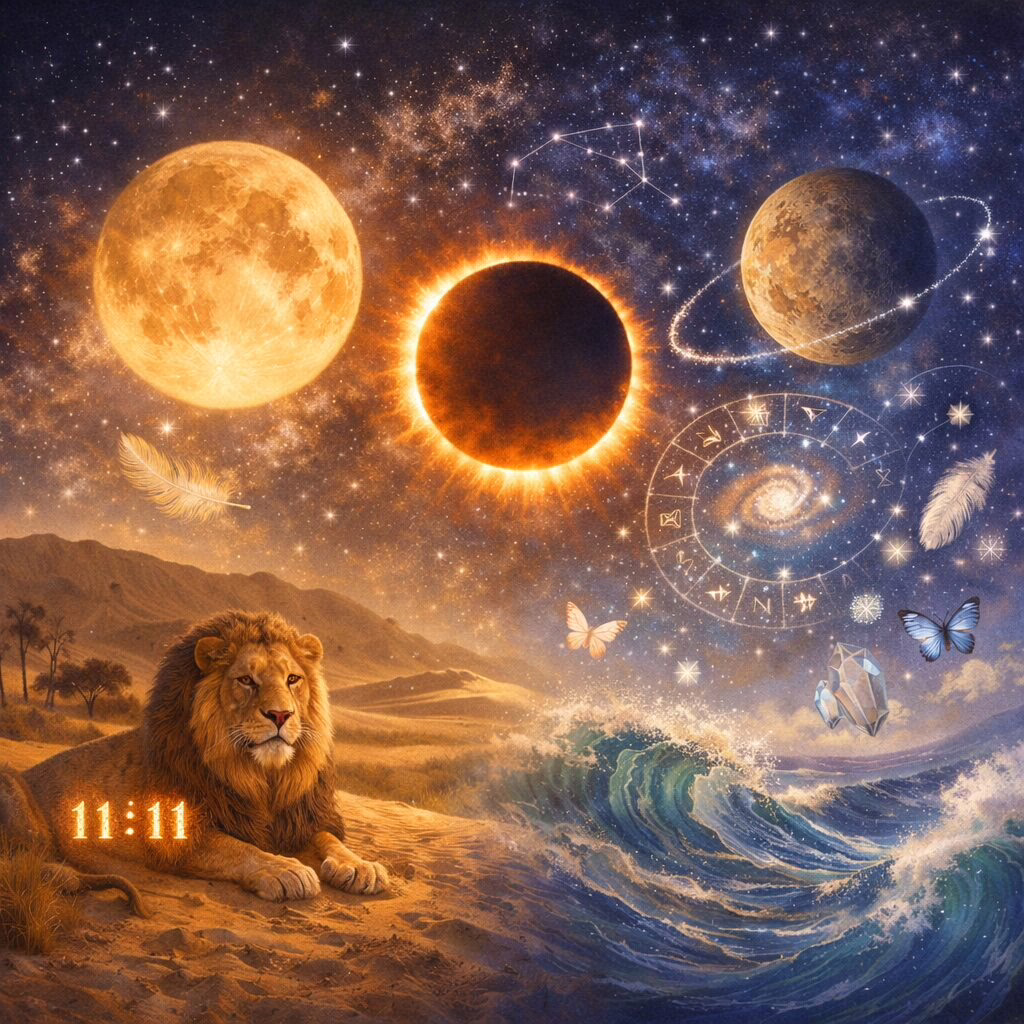 A square cosmic collage showing a bright full moon, a solar eclipse ring, and gentle ocean waves with floating symbols that evoke intuition, synchronicities, and February 2026 astrology.